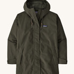 A Patagonia Women's Outdoor Everyday Rain Jacket in a Pine Needle Green colour on a plain background.