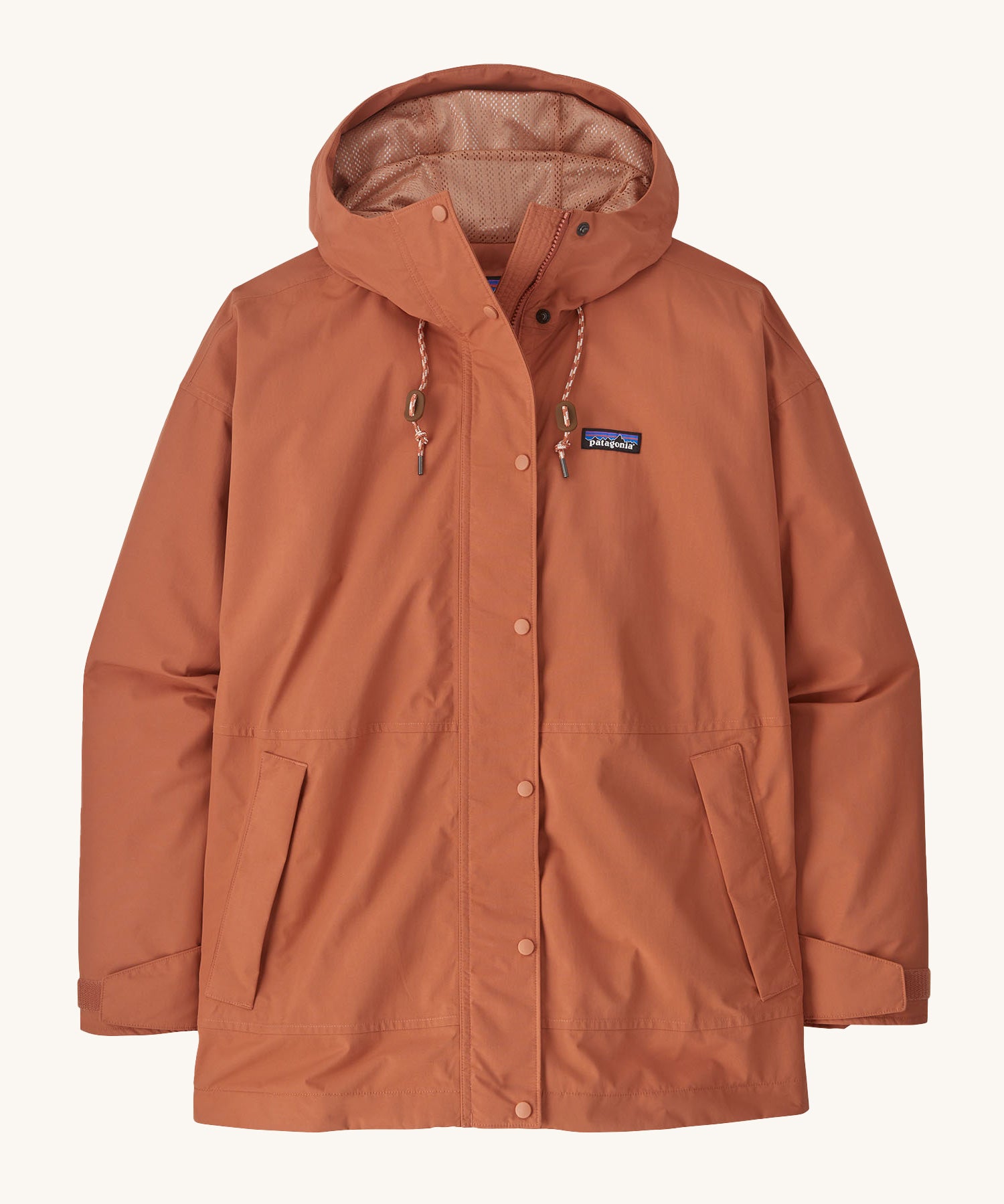 The Patagonia Women's Outdoor Everyday Rain Jacket in a Sienna Clay colour on a plain background.
