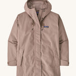 A Patagonia Women's Outdoor Everyday Rain Jacket in a Stingray Mauve colour on a plain background.
