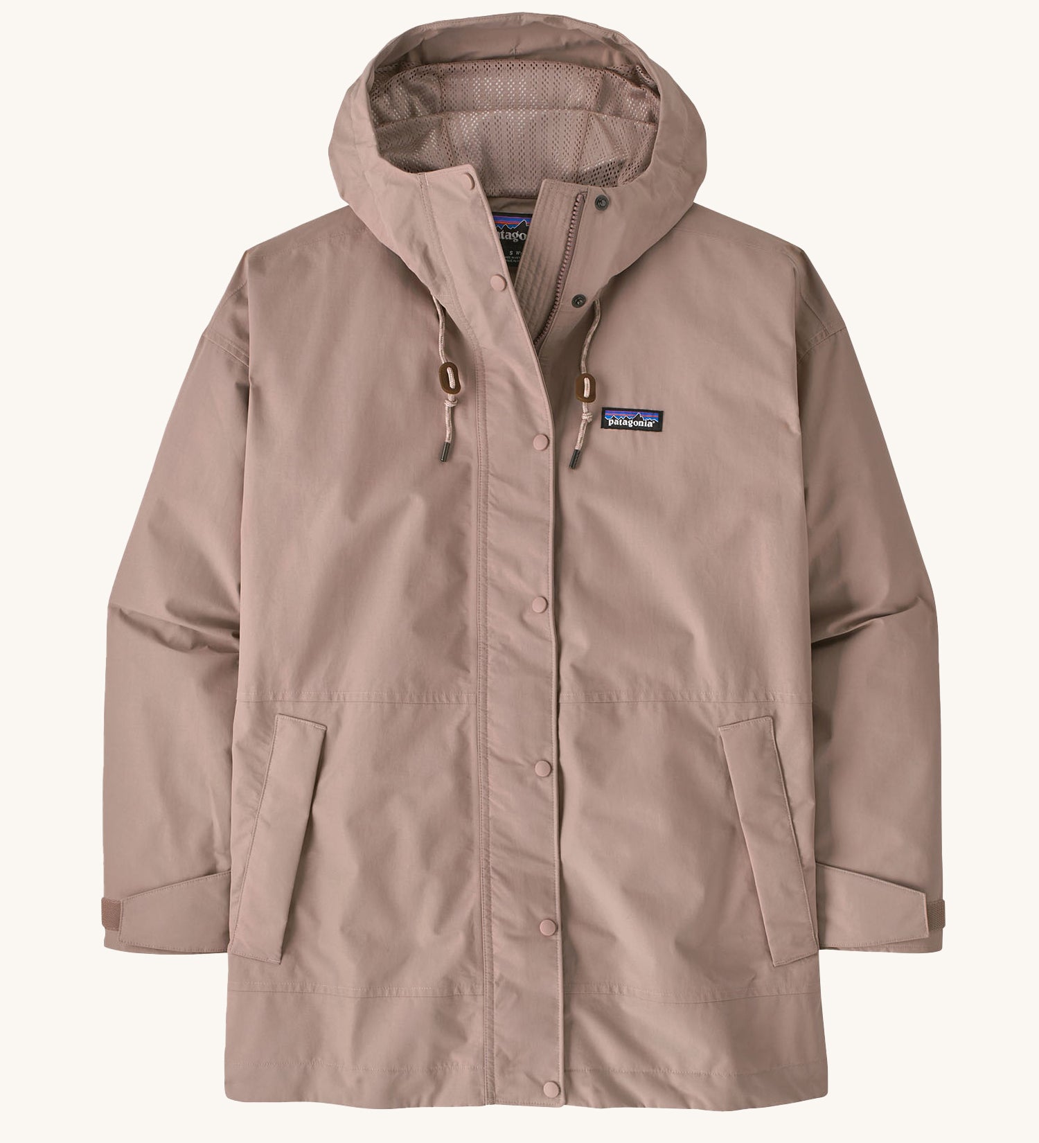 A Patagonia Women's Outdoor Everyday Rain Jacket in a Stingray Mauve colour on a plain background.