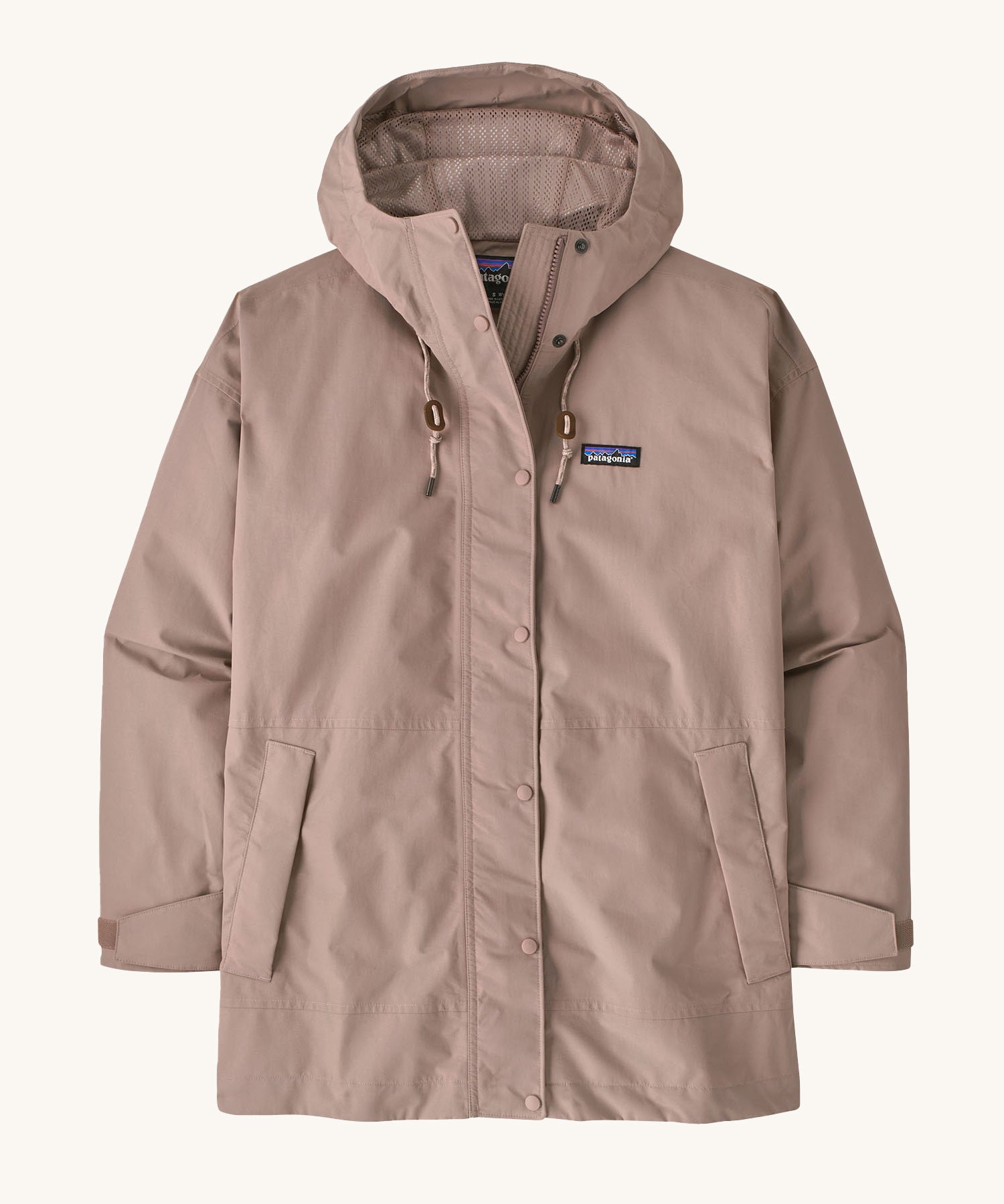 A Patagonia Women's Outdoor Everyday Rain Jacket in a Stingray Mauve colour on a plain background.