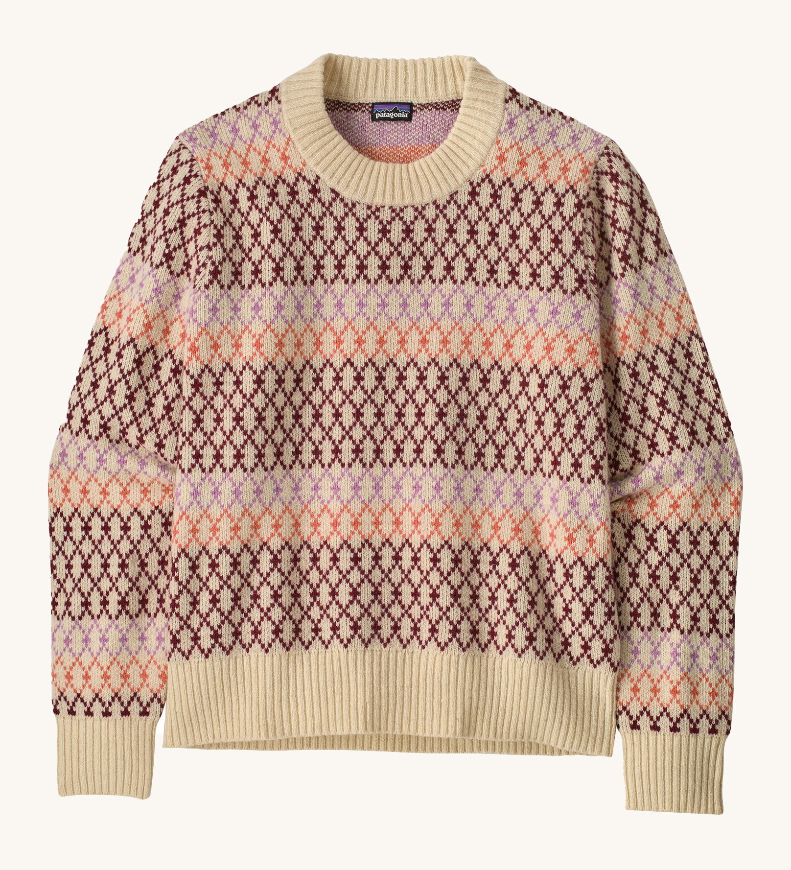 Patagonia Women's Recycled Wool-Blend Crewneck Sweater - Starlight / Dark Natural. A heavy knitted patterned jumper with natural trim