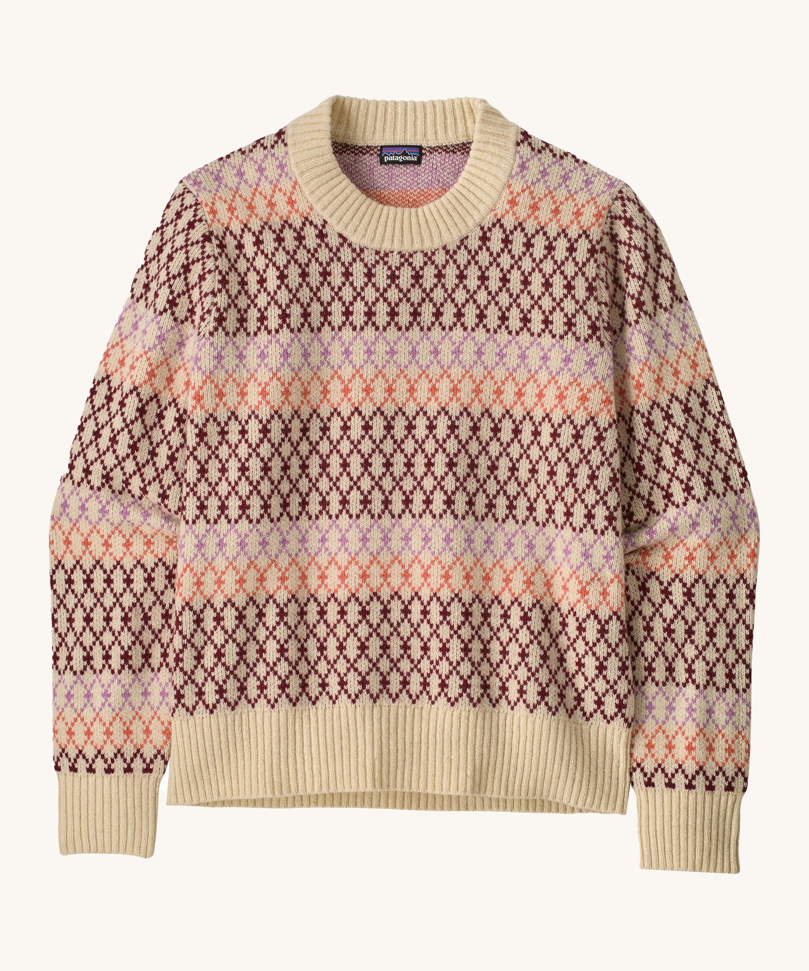 Patagonia Women's Recycled Wool-Blend Crewneck Sweater - Starlight / Dark Natural. A heavy knitted patterned jumper with natural trim