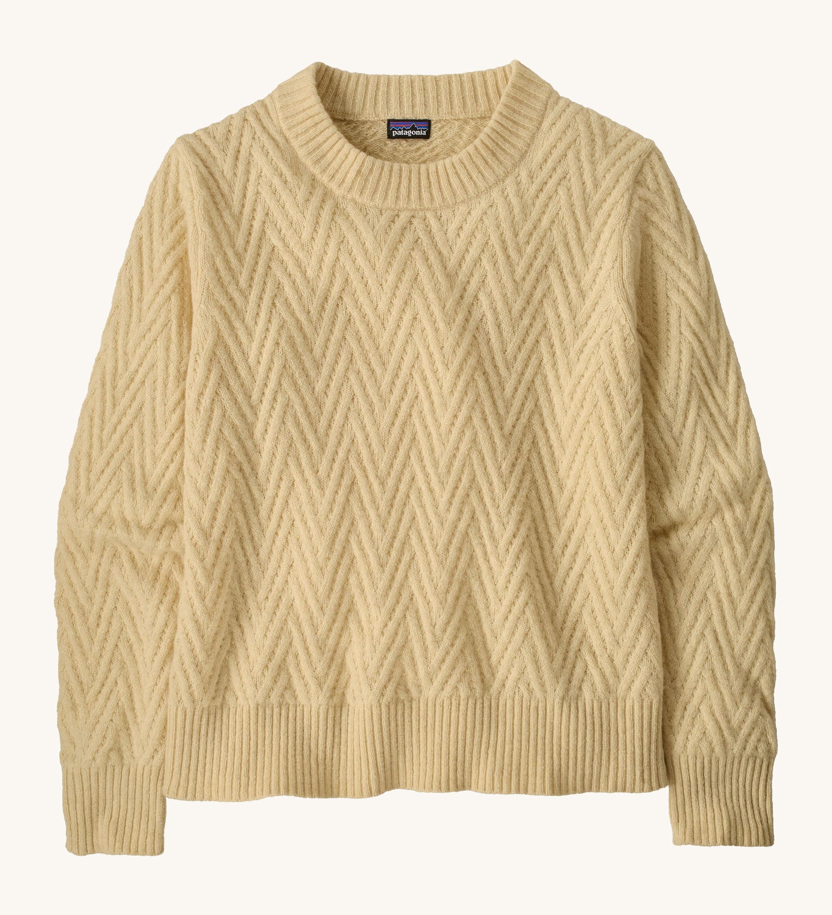 Patagonia Women's Recycled Wool-Blend Crewneck Sweater - in dark natural colour . A heavy knitted  jumper with a chevron style design 