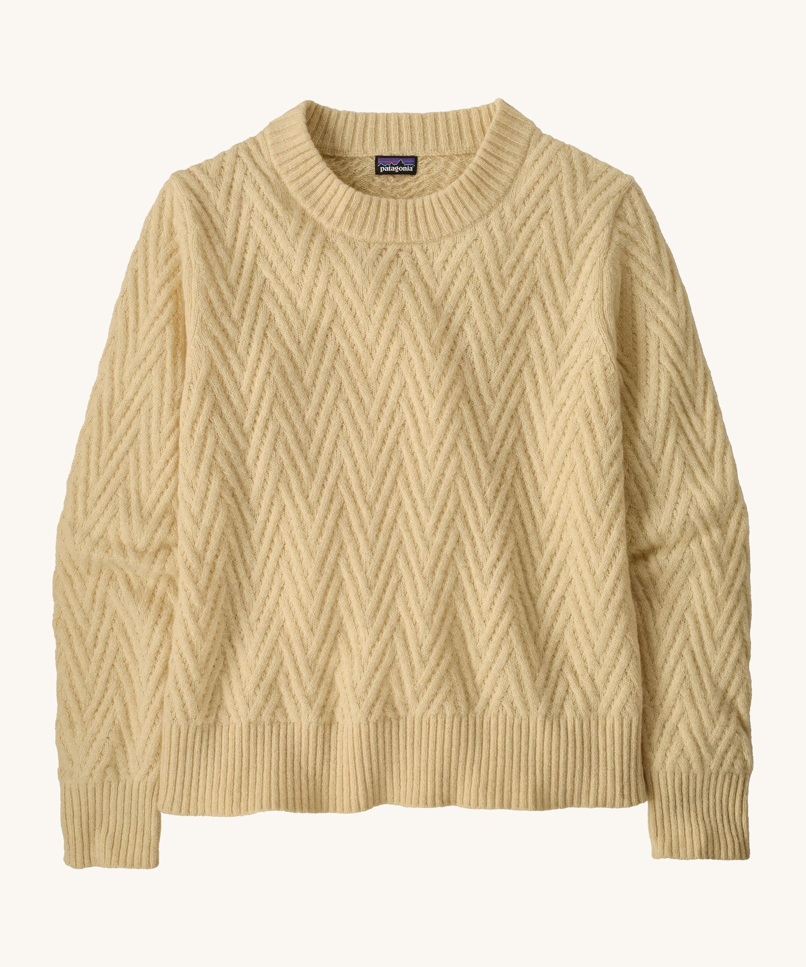 Patagonia Women's Recycled Wool-Blend Crewneck Sweater - in dark natural colour . A heavy knitted  jumper with a chevron style design 
