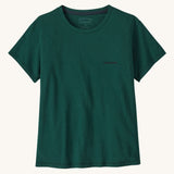 A view of the front of the Patagonia Women's Responsibili-Tee featuring the P-6 Logo on a Cascade Green. t-shirt. The t-shirt features a small Patagonia logo on the left chest area. This t-shirt is a part of a wide range of Patagonia clothing and accessories available here at Babipur. 