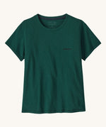 A view of the front of the Patagonia Women's Responsibili-Tee featuring the P-6 Logo on a Cascade Green. t-shirt. The t-shirt features a small Patagonia logo on the left chest area. This t-shirt is a part of a wide range of Patagonia clothing and accessories available here at Babipur. 