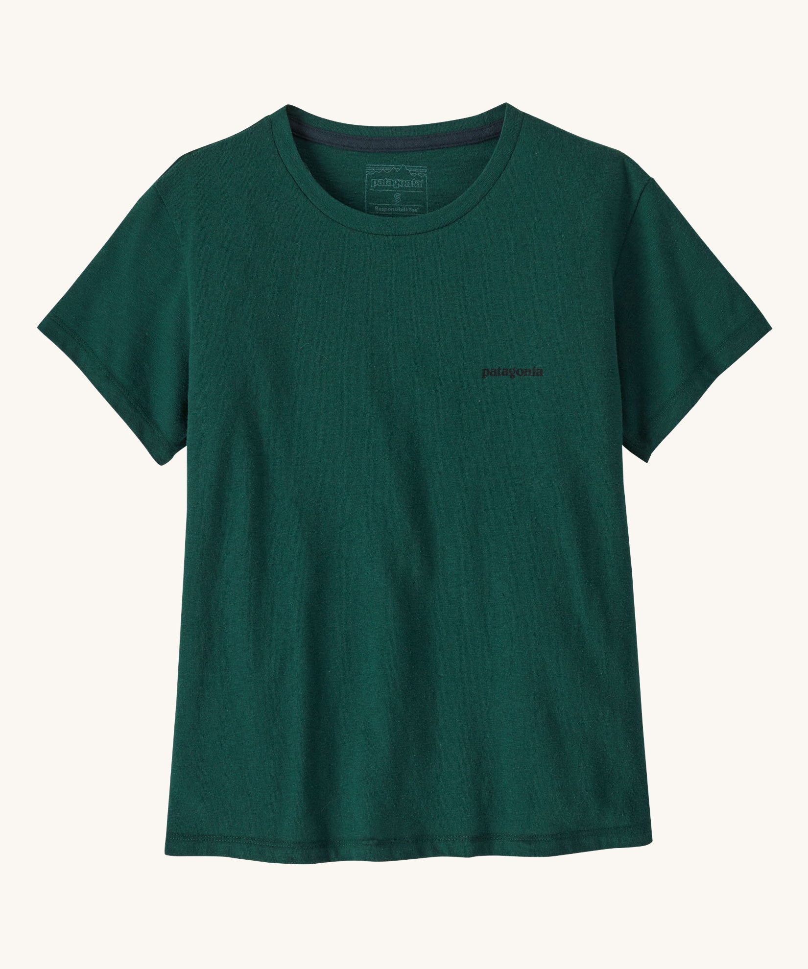 A view of the front of the Patagonia Women's Responsibili-Tee featuring the P-6 Logo on a Cascade Green. t-shirt. The t-shirt features a small Patagonia logo on the left chest area. This t-shirt is a part of a wide range of Patagonia clothing and accessories available here at Babipur. 