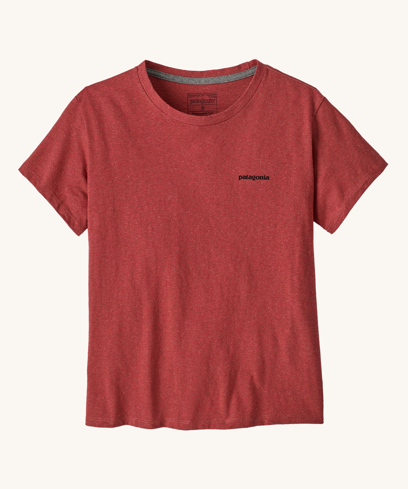 A view of the front of the Patagonia women's logo t-shirt in potters red. A short sleeve t-shirt with a large brand logo on the back and a small logo on the left chest area on the front. This t-shirt is a part of a wide range of Patagonia clothing and accessories available here at Babipur.  