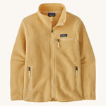 patagonia womens retro pile fleece jacket in a light brown colour on a cream background.