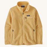 patagonia womens retro pile fleece jacket in a light brown colour on a cream background.
