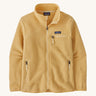 patagonia womens retro pile fleece jacket in a light brown colour on a cream background.