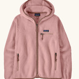 Patagonia women's retro pile fleece hoody in fuzzy mauve pink with zippered handwarmer pocket and chest pockets.