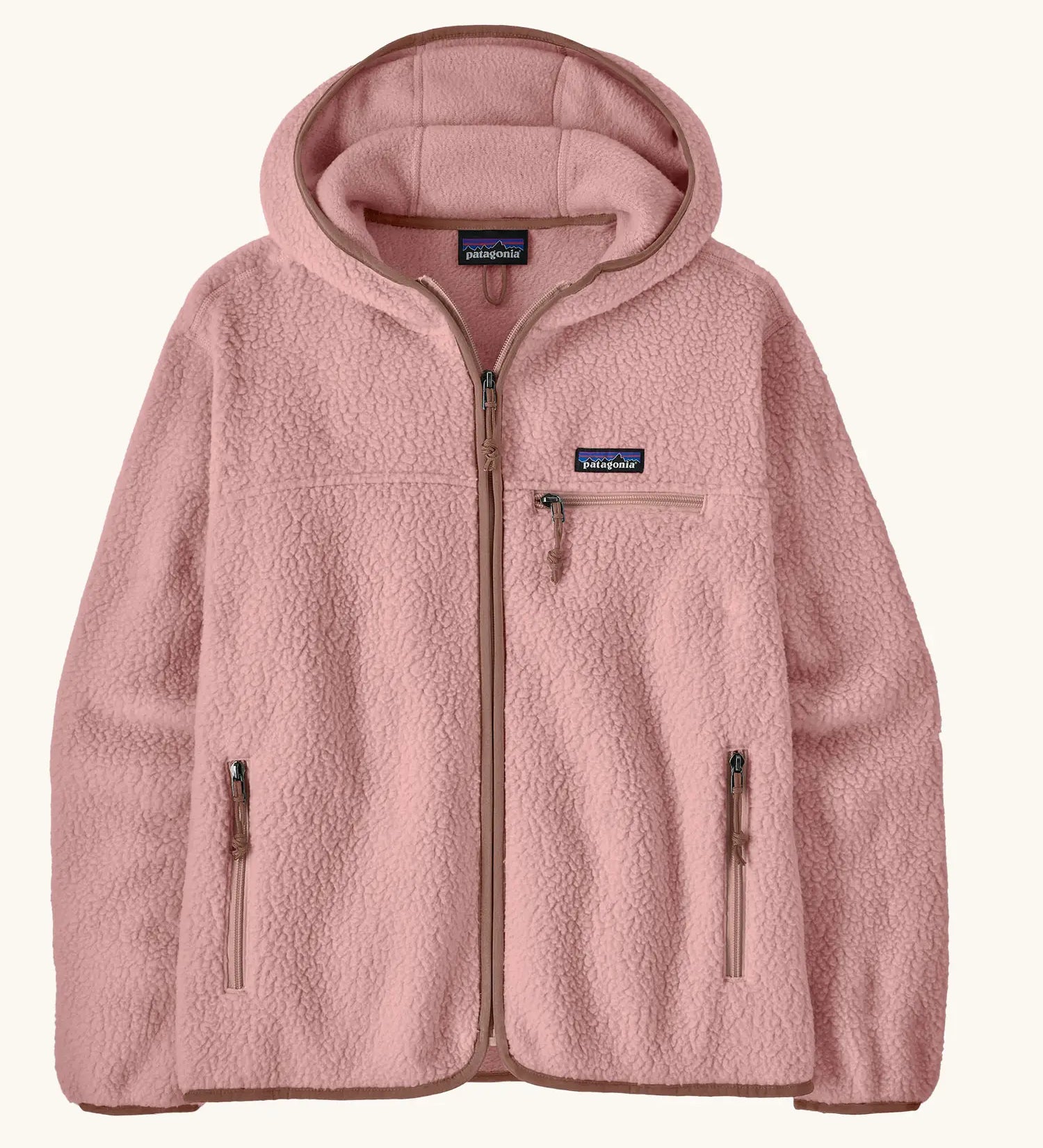Patagonia women's retro pile fleece hoody in fuzzy mauve pink with zippered handwarmer pocket and chest pockets.