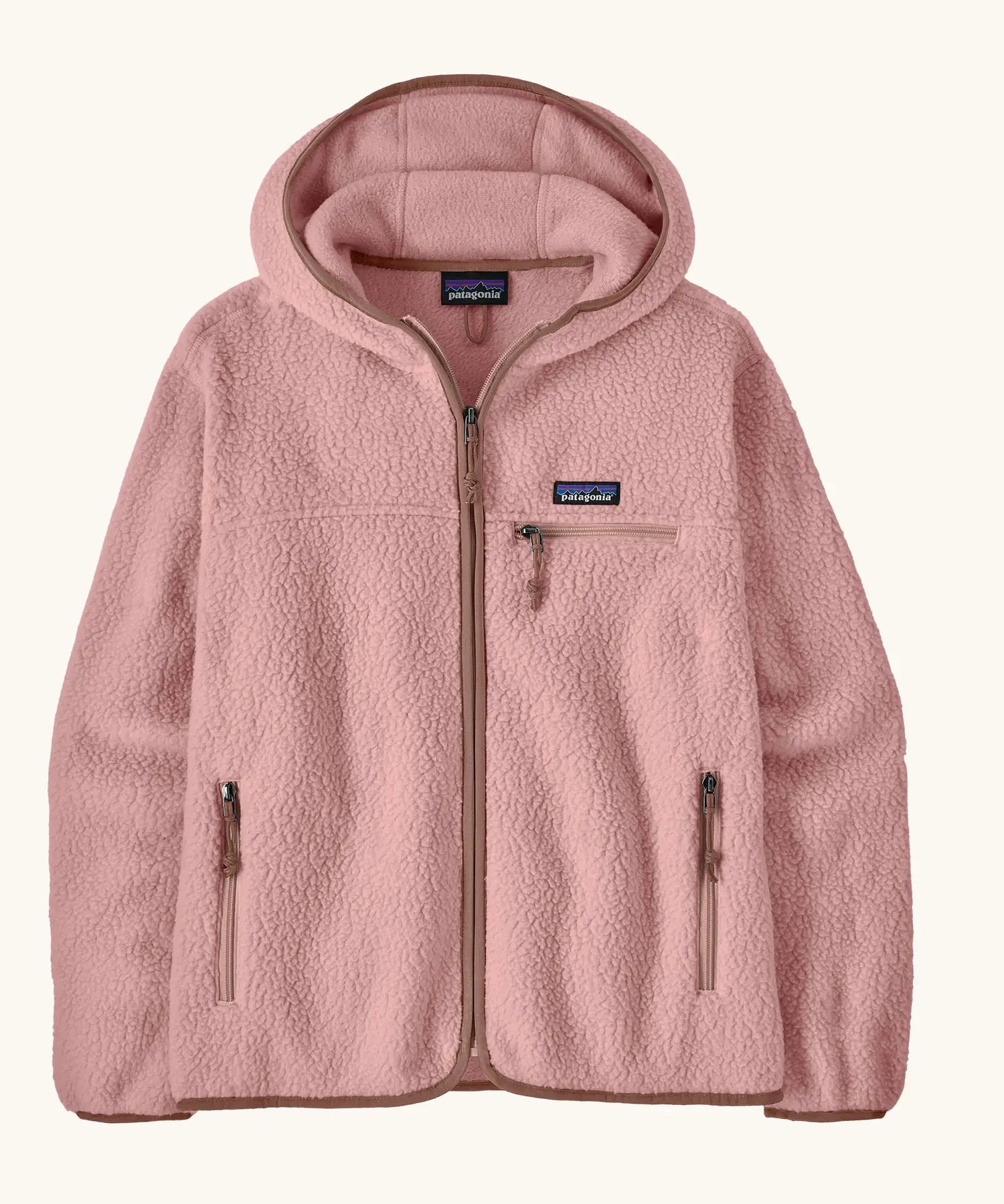 Patagonia women's retro pile fleece hoody in fuzzy mauve pink with zippered handwarmer pocket and chest pockets.