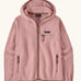 Patagonia women's retro pile fleece hoody in fuzzy mauve pink with zippered handwarmer pocket and chest pockets.