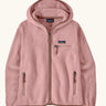 Patagonia women's retro pile fleece hoody in fuzzy mauve pink with zippered handwarmer pocket and chest pockets.