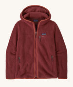 A Patagonia Women's Retro Pile Fleece Hoody Jacket in the Sequoia Red colour way. The dark burgundy red, zipped, hooded ladies fleece has handy zipped pockets.