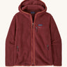 A Patagonia Women's Retro Pile Fleece Hoody Jacket in the Sequoia Red colour way. The dark burgundy red, zipped, hooded ladies fleece has handy zipped pockets.