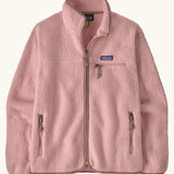 Patagonia women's retro pile fleece jacket in fuzzy mauve pink. Full zip fleece jacket with zippererd chest and hand warmer pockets.