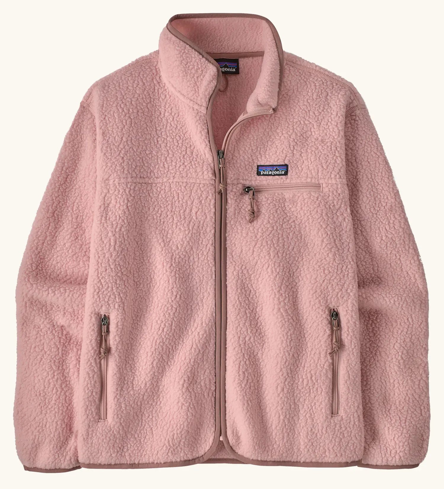 Patagonia women's retro pile fleece jacket in fuzzy mauve pink. Full zip fleece jacket with zippererd chest and hand warmer pockets.