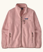 Patagonia women's retro pile fleece jacket in fuzzy mauve pink. Full zip fleece jacket with zippererd chest and hand warmer pockets.