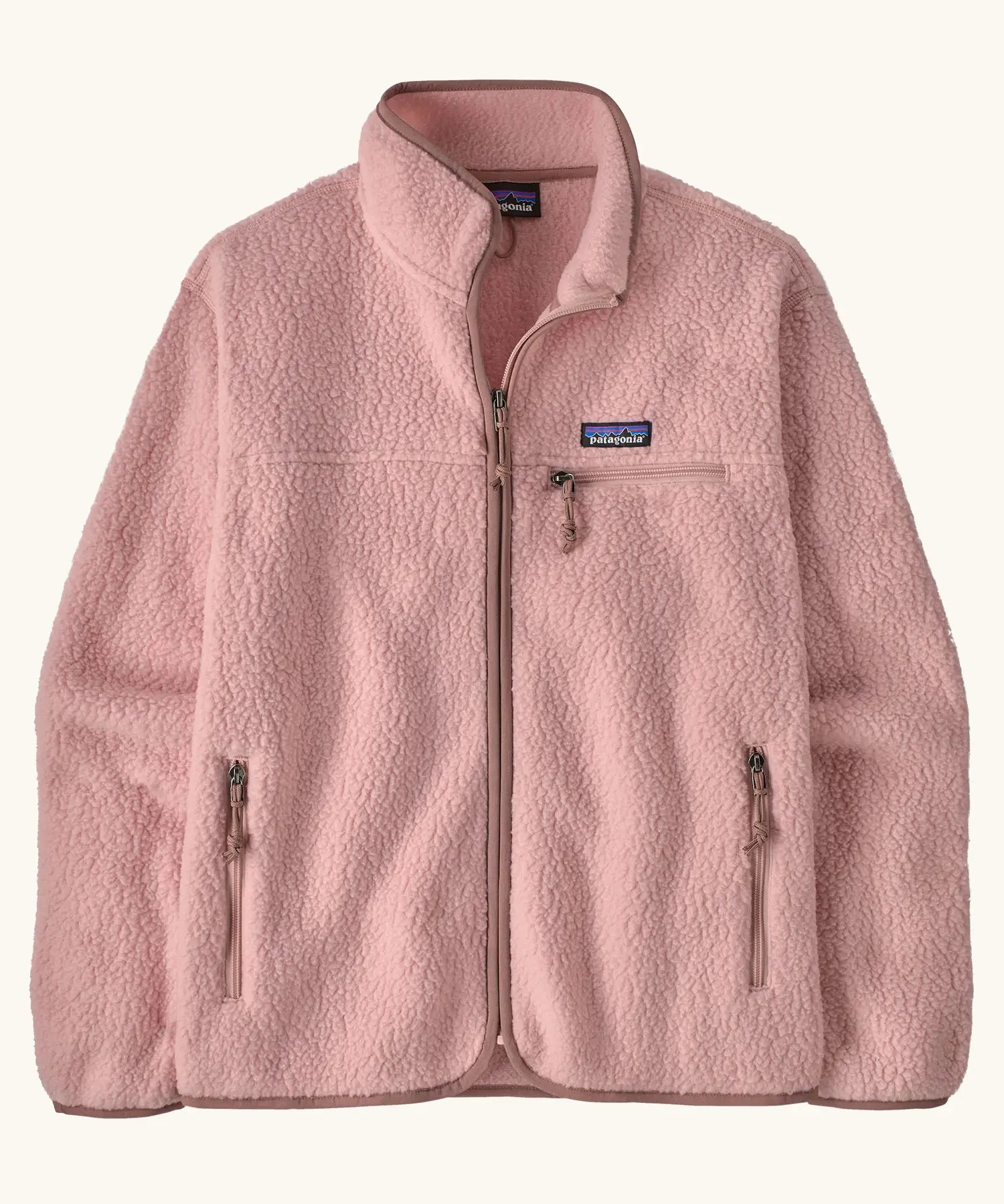 Patagonia women's retro pile fleece jacket in fuzzy mauve pink. Full zip fleece jacket with zippererd chest and hand warmer pockets.