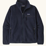 Patagonia women's retro pile fleece jacket in sunken blue with zippered chest pocket and handwarmer pockets.