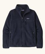 Patagonia women's retro pile fleece jacket in sunken blue with zippered chest pocket and handwarmer pockets.