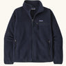 Patagonia women's retro pile fleece jacket in sunken blue with zippered chest pocket and handwarmer pockets.