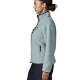 Side of woman wearing the Patagonia women's retro pile fleece jacket in virtually blue. Full zip fleece jacket with zippererd chest and hand warmer pockets.