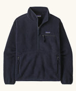 Patagonia women's retro pile fleece marsupial top in dark sunken blue. Half zip closure, zippererd chest pocket and marsupial handpocket. 