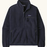 Patagonia women's retro pile fleece marsupial top in dark sunken blue. Half zip closure, zippererd chest pocket and marsupial handpocket. 