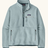 Patagonia women's retro pile fleece marsupial top in light virtually blue. Half zip closure, zippered chest pocket and zippered marsupial hand warmer pocket. 
