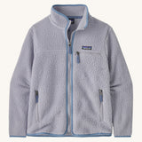 Patagonia women's retro pile fleece in permafrost purple. A thick light purple fleece with a contrast purple trim. Features a full length zip, 2 side pockets and a chest pocket with the brand patch stitched above.