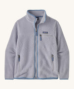 Patagonia women's retro pile fleece in permafrost purple. A thick light purple fleece with a contrast purple trim. Features a full length zip, 2 side pockets and a chest pocket with the brand patch stitched above.
