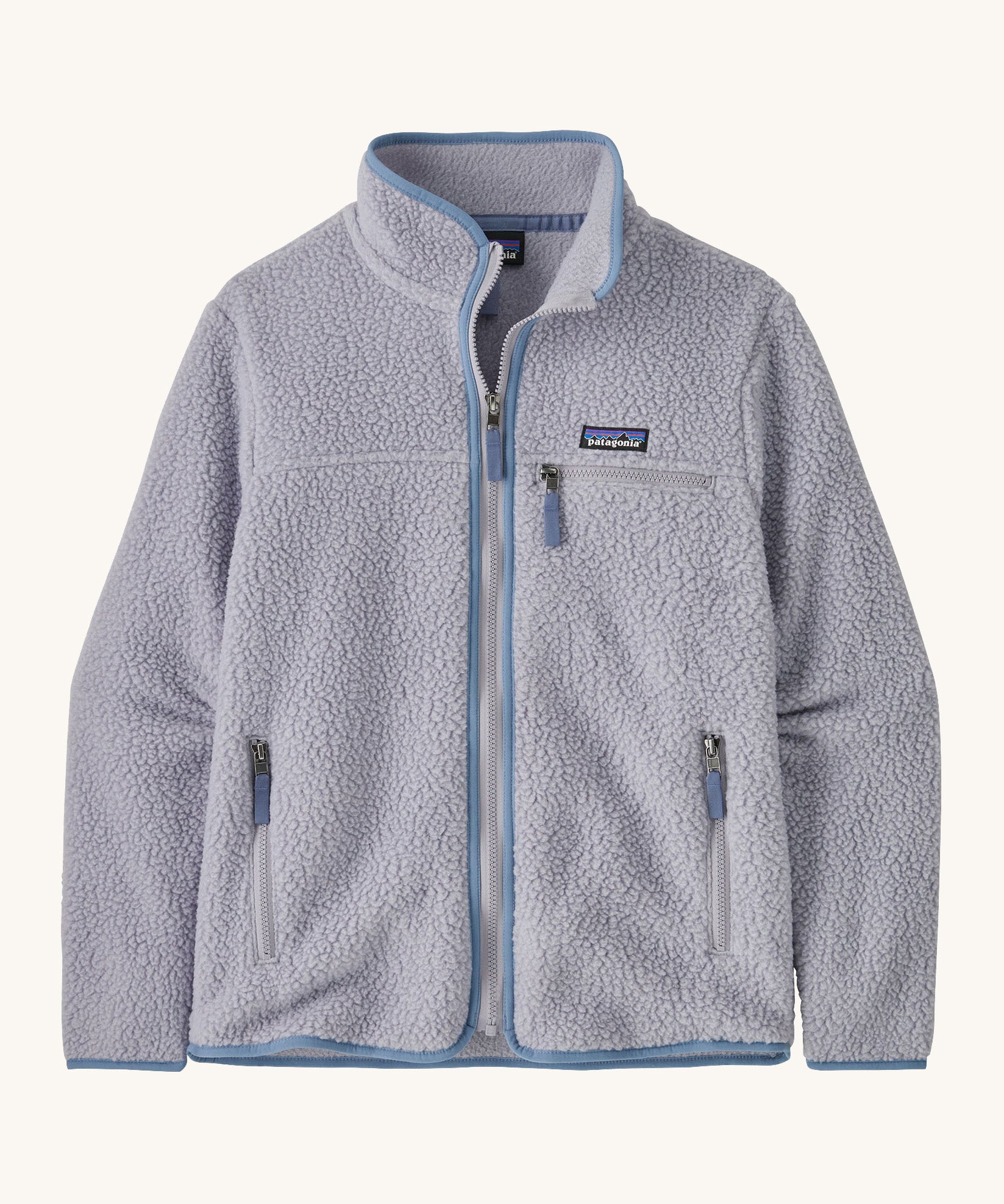 Patagonia women's retro pile fleece in permafrost purple. A thick light purple fleece with a contrast purple trim. Features a full length zip, 2 side pockets and a chest pocket with the brand patch stitched above.