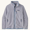 Patagonia women's retro pile fleece in permafrost purple. A thick light purple fleece with a contrast purple trim. Features a full length zip, 2 side pockets and a chest pocket with the brand patch stitched above.