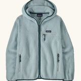 Patagonia women's retro pile hoody in virtually blue. Full zip fleece jacket with zipped chest pocket and hand warmer pockets.