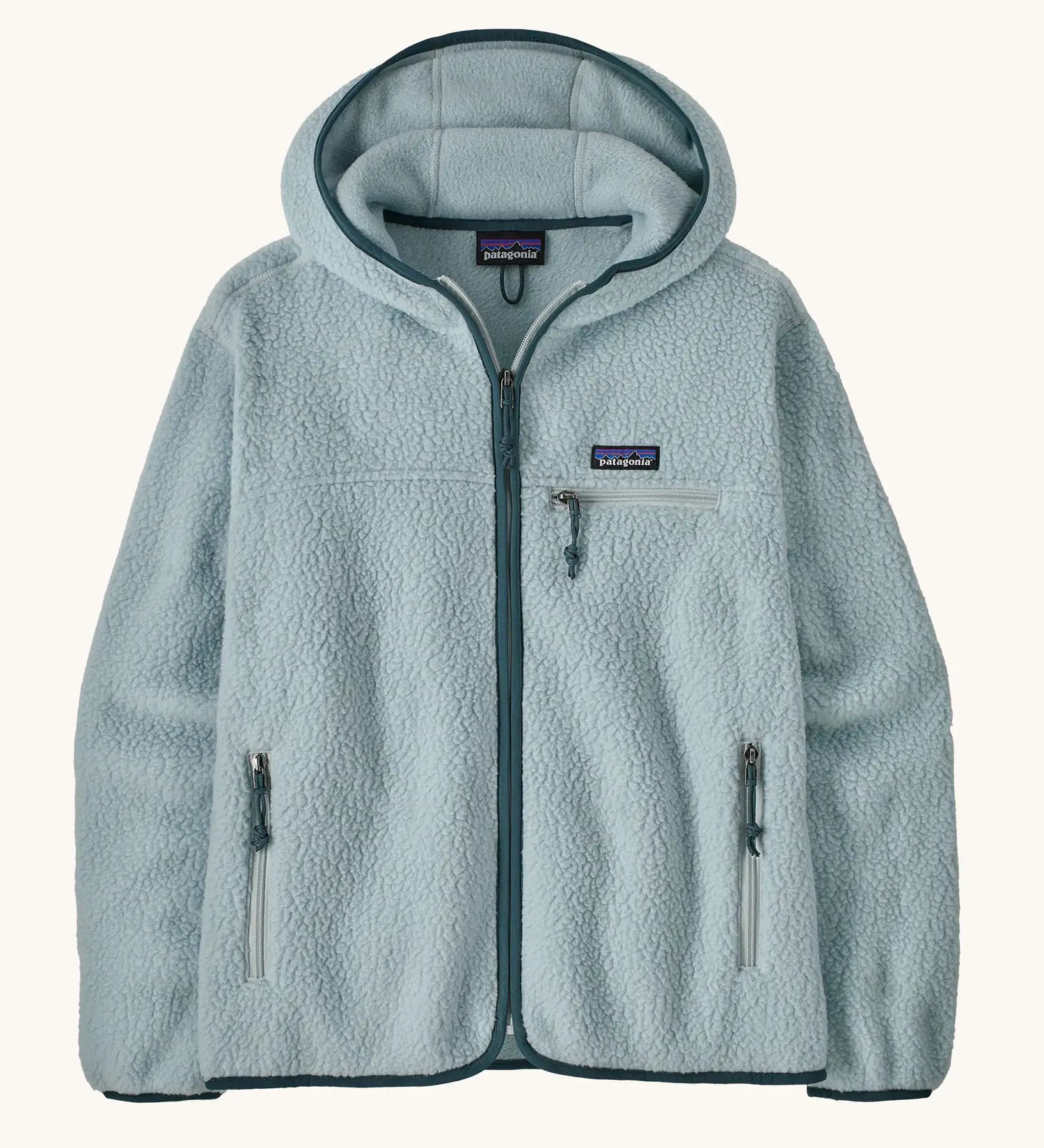 Patagonia women's retro pile hoody in virtually blue. Full zip fleece jacket with zipped chest pocket and hand warmer pockets.