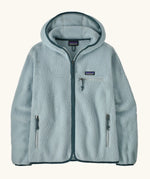 Patagonia women's retro pile hoody in virtually blue. Full zip fleece jacket with zipped chest pocket and hand warmer pockets.