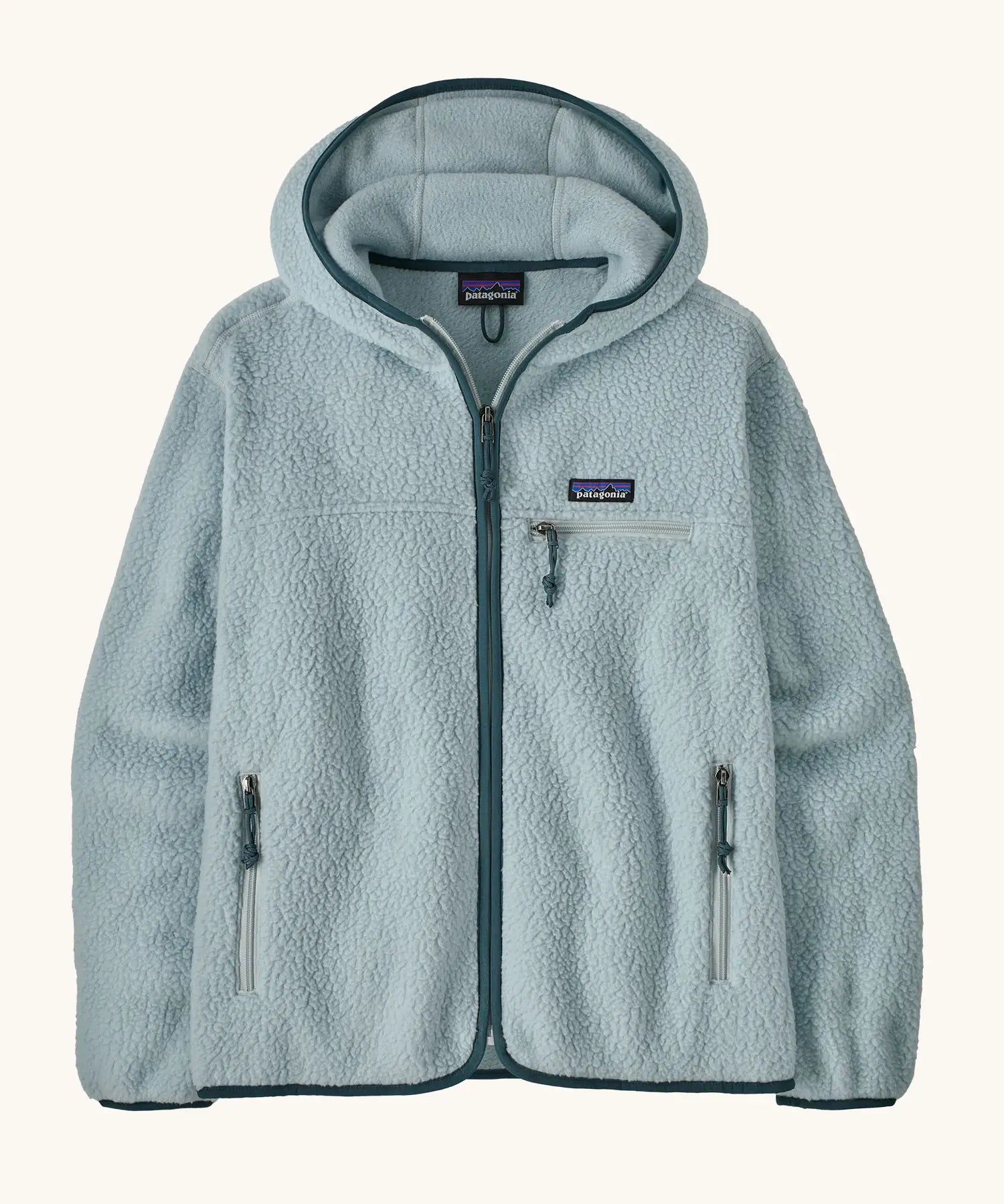 Patagonia women's retro pile hoody in virtually blue. Full zip fleece jacket with zipped chest pocket and hand warmer pockets.