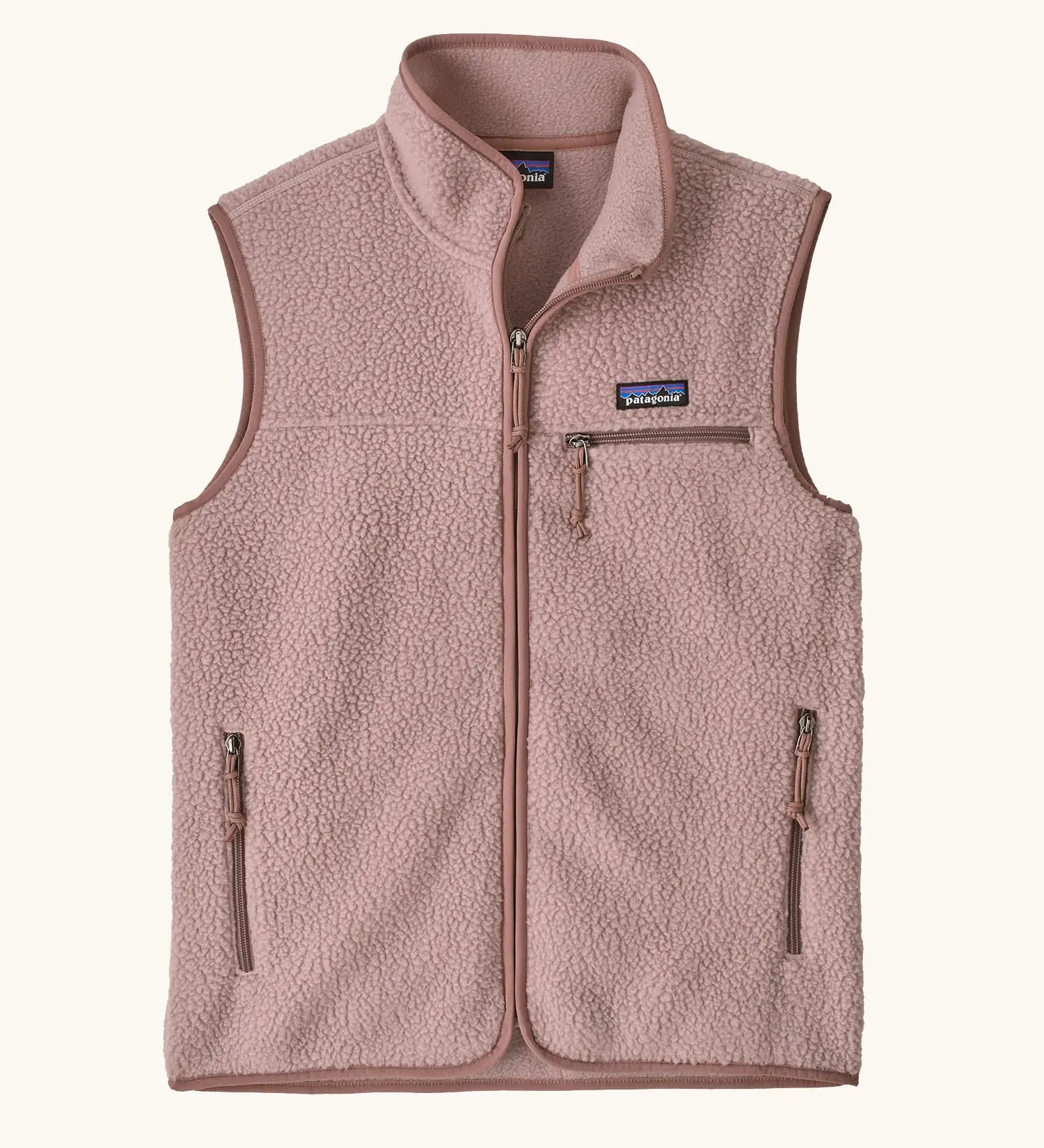 Patagonia women's retro pile fleece vest gilet in stingray mauve pink. Full length zip gilet with zippered chest and hand warmer pockets.