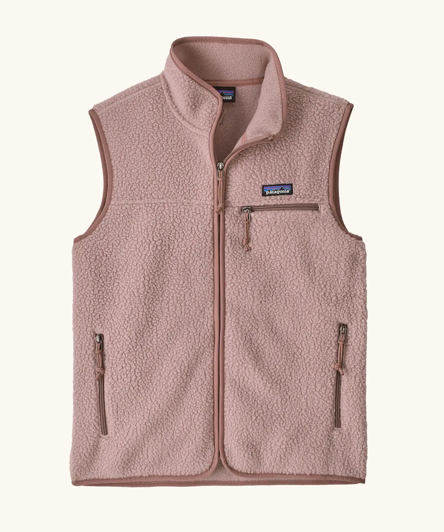 Patagonia women's retro pile fleece vest gilet in stingray mauve pink. Full length zip gilet with zippered chest and hand warmer pockets.
