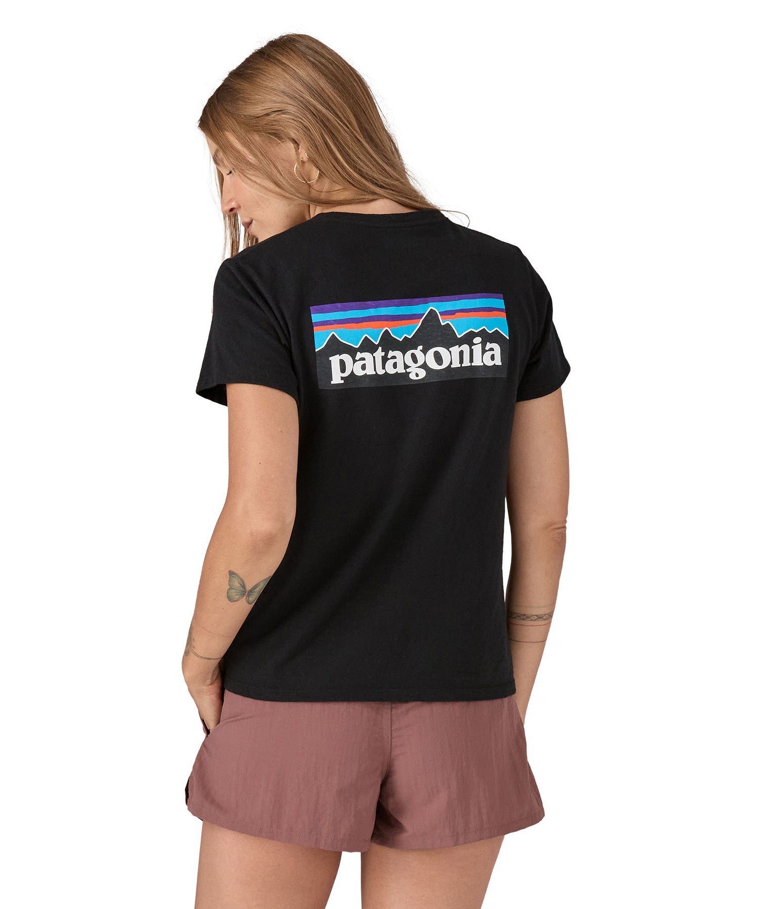 Patagonia women's black short sleeve t- back logo detail