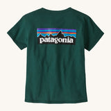 Patagonia cascade green short sleeve t-shirt showing the large brand logo printed on the back of the t-shirt