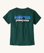 Patagonia cascade green short sleeve t-shirt showing the large brand logo printed on the back of the t-shirt