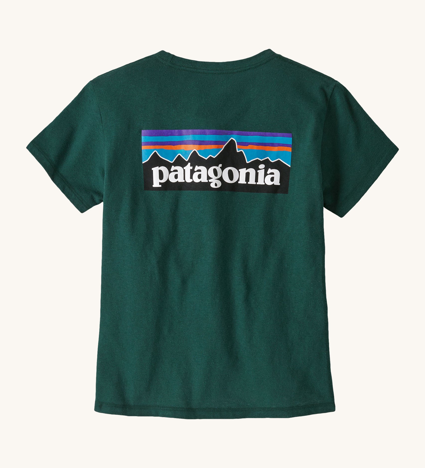 Patagonia cascade green short sleeve t-shirt showing the large brand logo printed on the back of the t-shirt