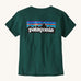 Patagonia cascade green short sleeve t-shirt showing the large brand logo printed on the back of the t-shirt