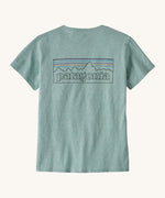 Patagonia women's logo t-shirt in virtual blue. A short sleeve t-shirt with a large brand logo on the back in a outline style